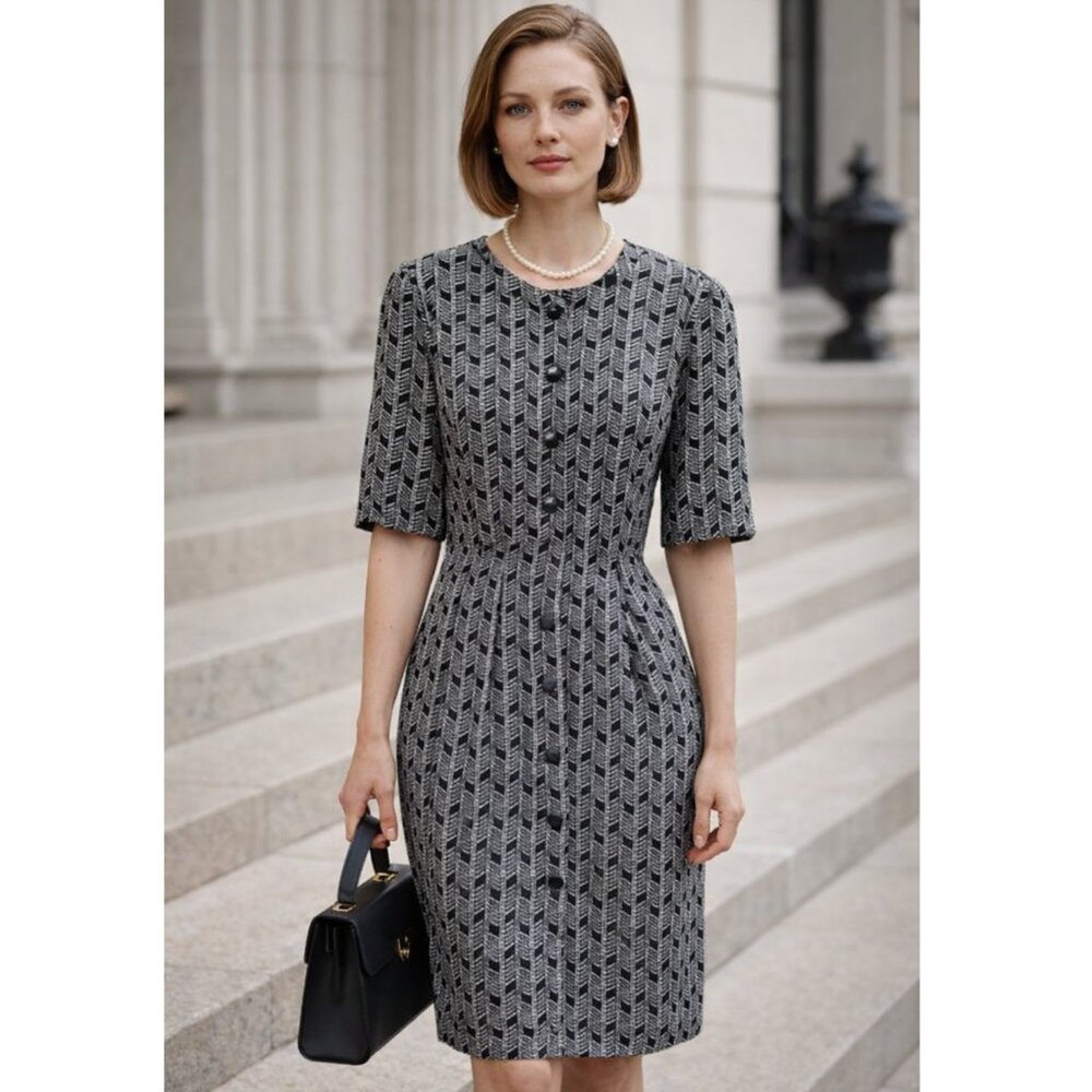 Vintage Adrianna Papell 100% Silk Button Front Pencil Dress size 8 Retro Preppy